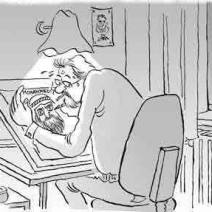 Une illustration d’Arne Sørensen. C’est un caricaturiste nerveux et tremblant en train de dessiner Mahomet en surveillant par-dessus son épaule que l’on peut voir.